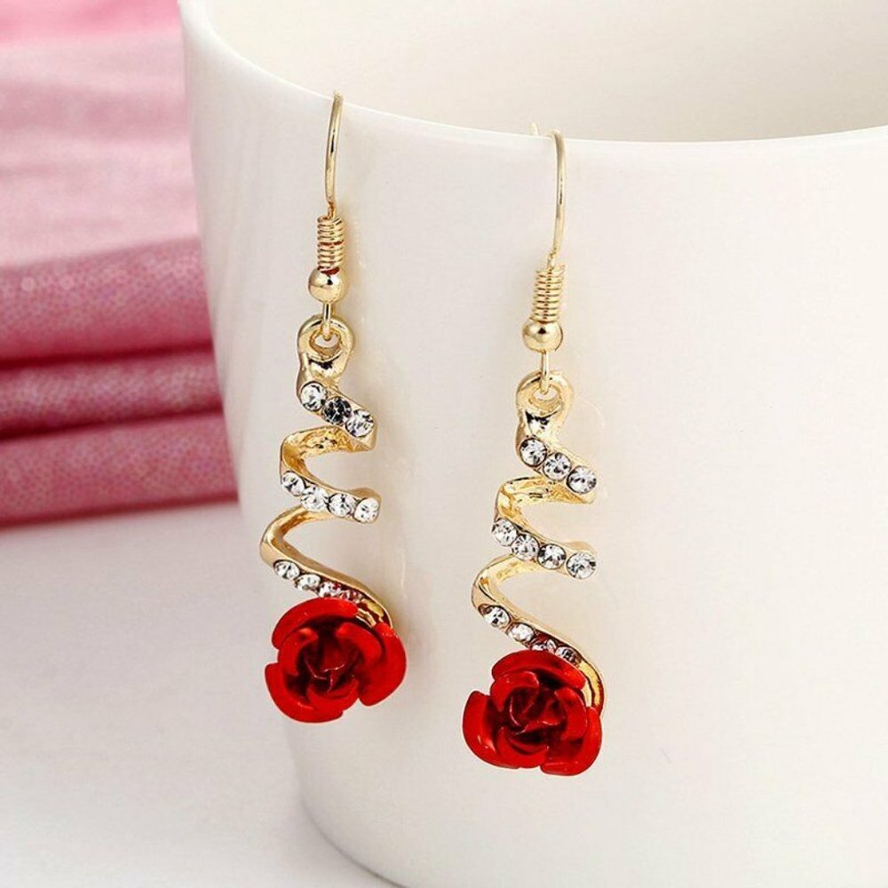 NEW GORGEOUS Red Rose Drop Dangle Sparkling Spiral Earrings SPECIAL EVENT - Picture 1 of 6